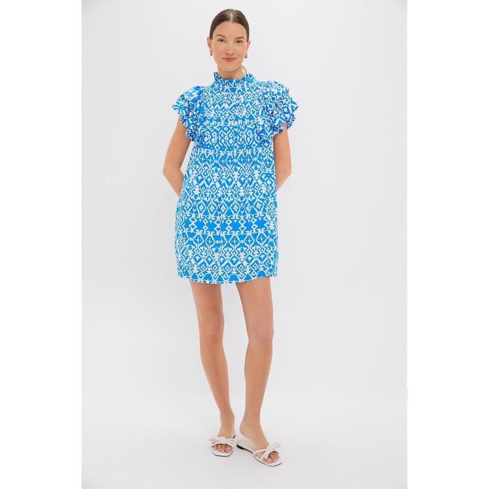 HYACINTH HOUSE Blue & White Geo Ruffle Sleeve Simmons Mini Dress Size XS NWT